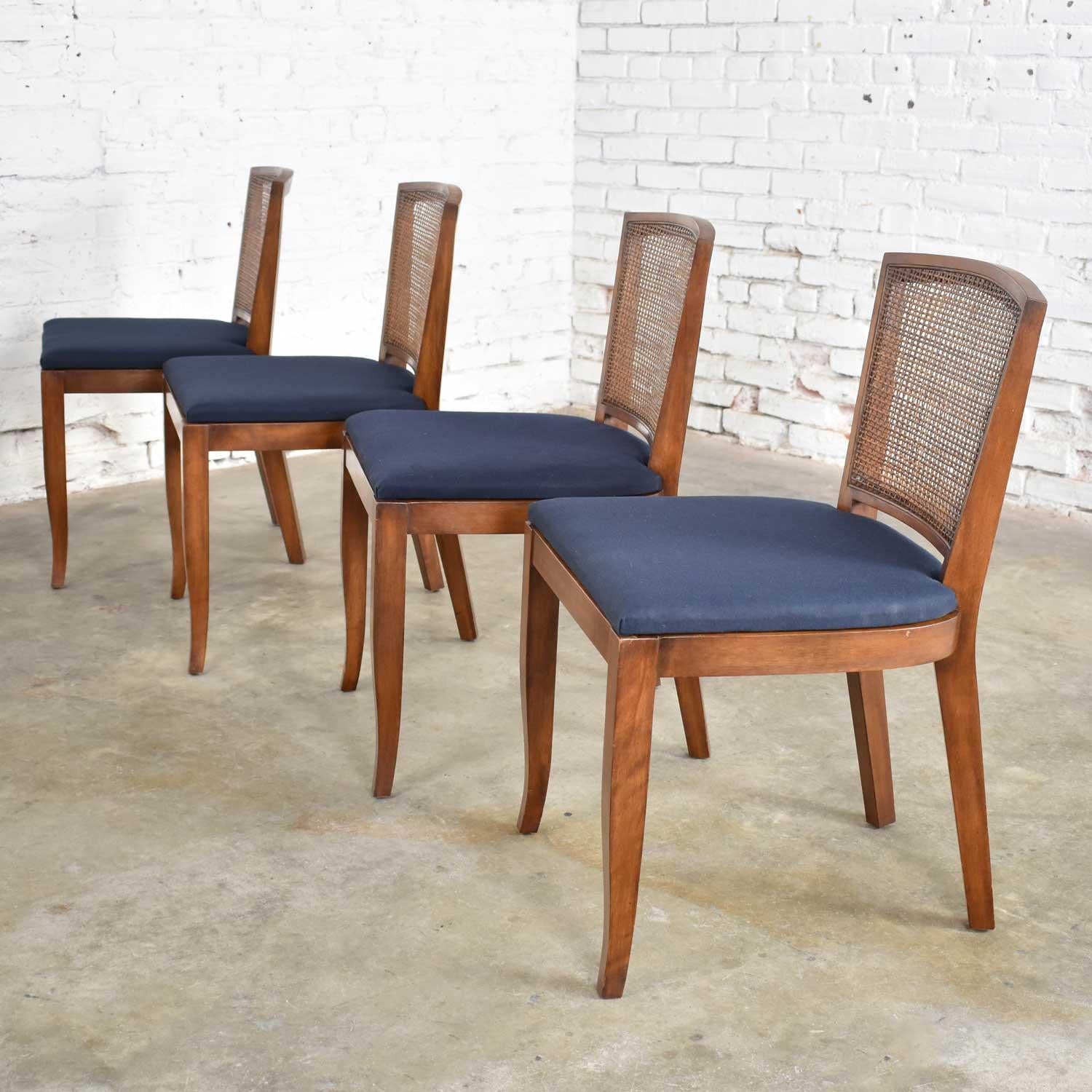 Vintage Mid-Century Modern Set of 4 Cane Back Dining Chairs Newly Upholstered In Good Condition In Topeka, KS