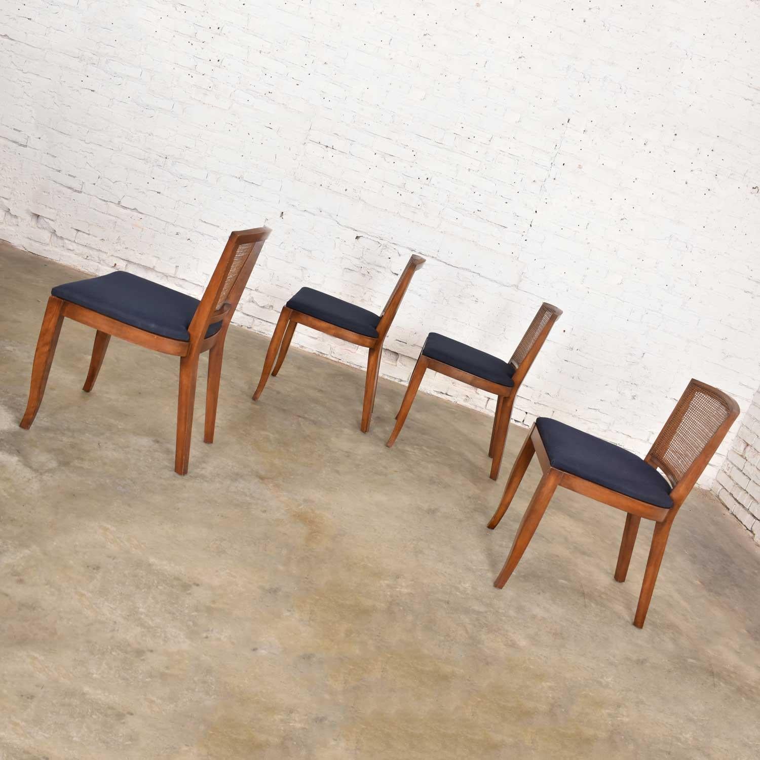 Fabric Vintage Mid-Century Modern Set of 4 Cane Back Dining Chairs Newly Upholstered
