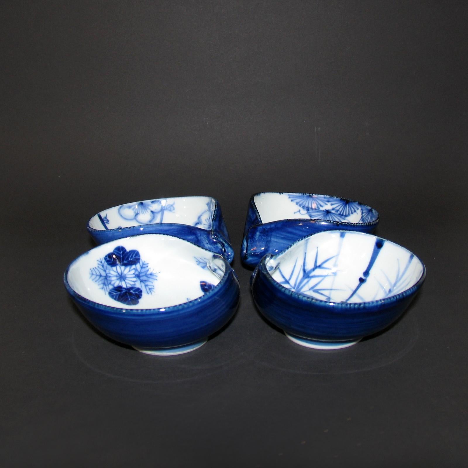 Hand-Painted Vintage Mid-Century Modern Set of Four Japanese Porcelain Bowls Blue Hue