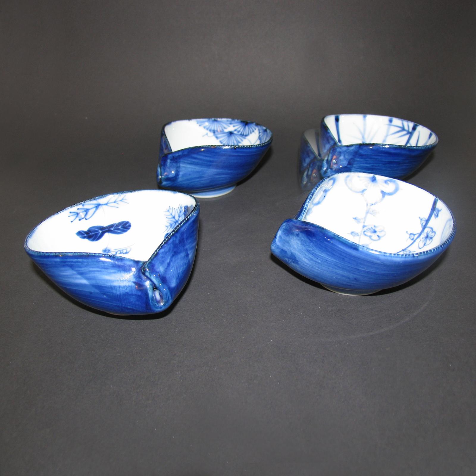 Vintage Mid-Century Modern Set of Four Japanese Porcelain Bowls Blue Hue 2