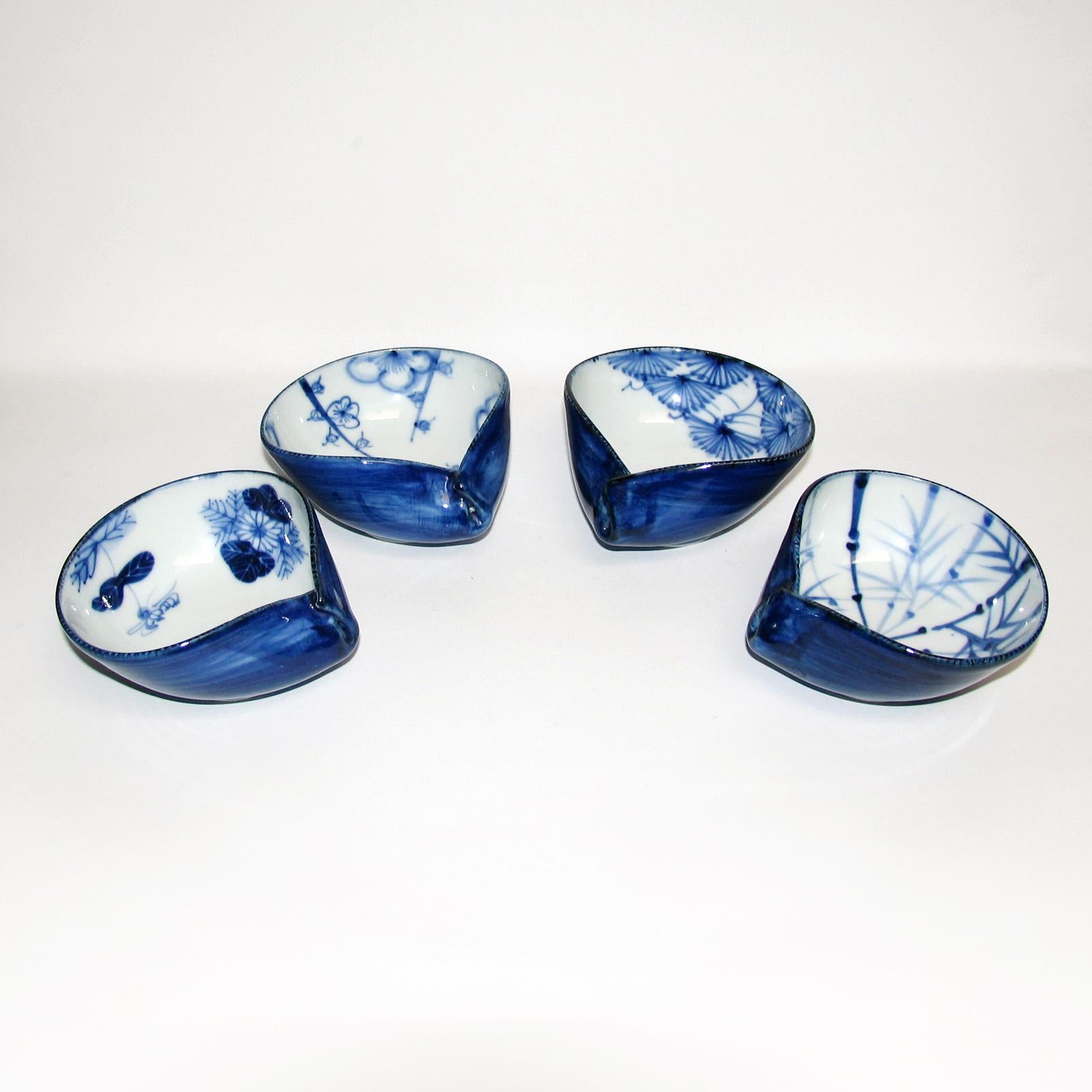 Vintage Mid-Century Modern Set of Four Japanese Porcelain Bowls Blue Hue 3