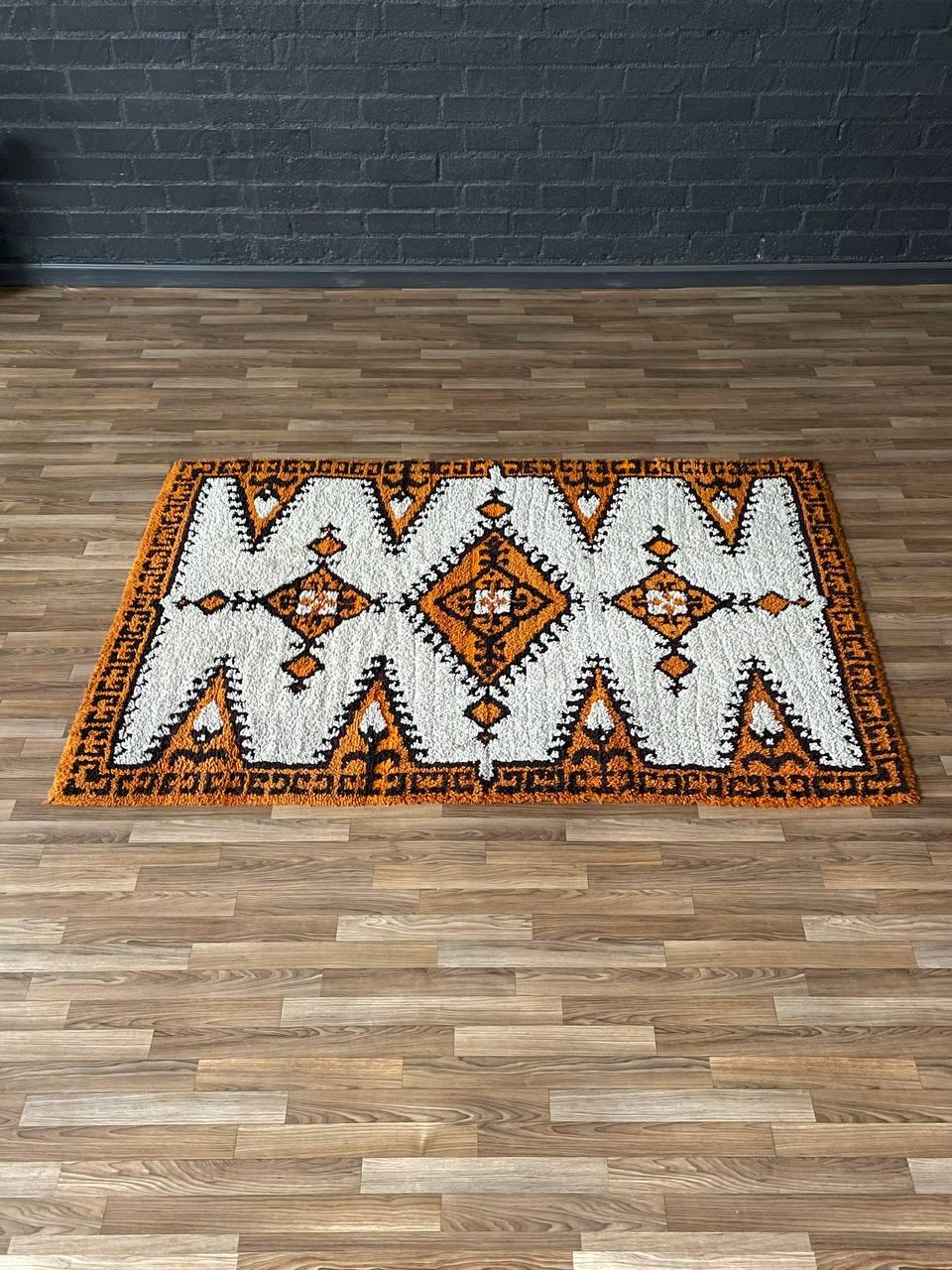 American Vintage Mid-Century Modern Shag Rug w/ Geometric Tribal Pattern