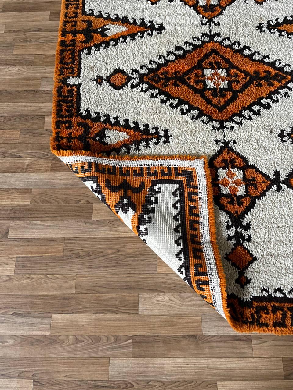 Late 20th Century Vintage Mid-Century Modern Shag Rug w/ Geometric Tribal Pattern