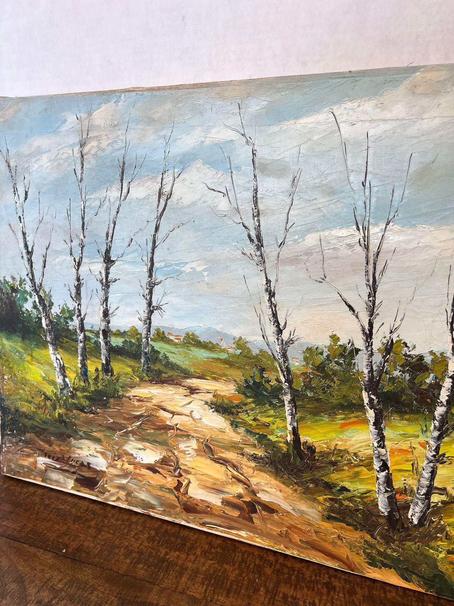 Este cuadro Vintage sobre lienzo de tela representa un paisaje abstracto de naturaleza forestal. Está firmada y es de estilo moderno de mediados de siglo. Esta Pieza tiene bonita pátina y carácter. Estado Vintage, como en la foto. El anuncio se