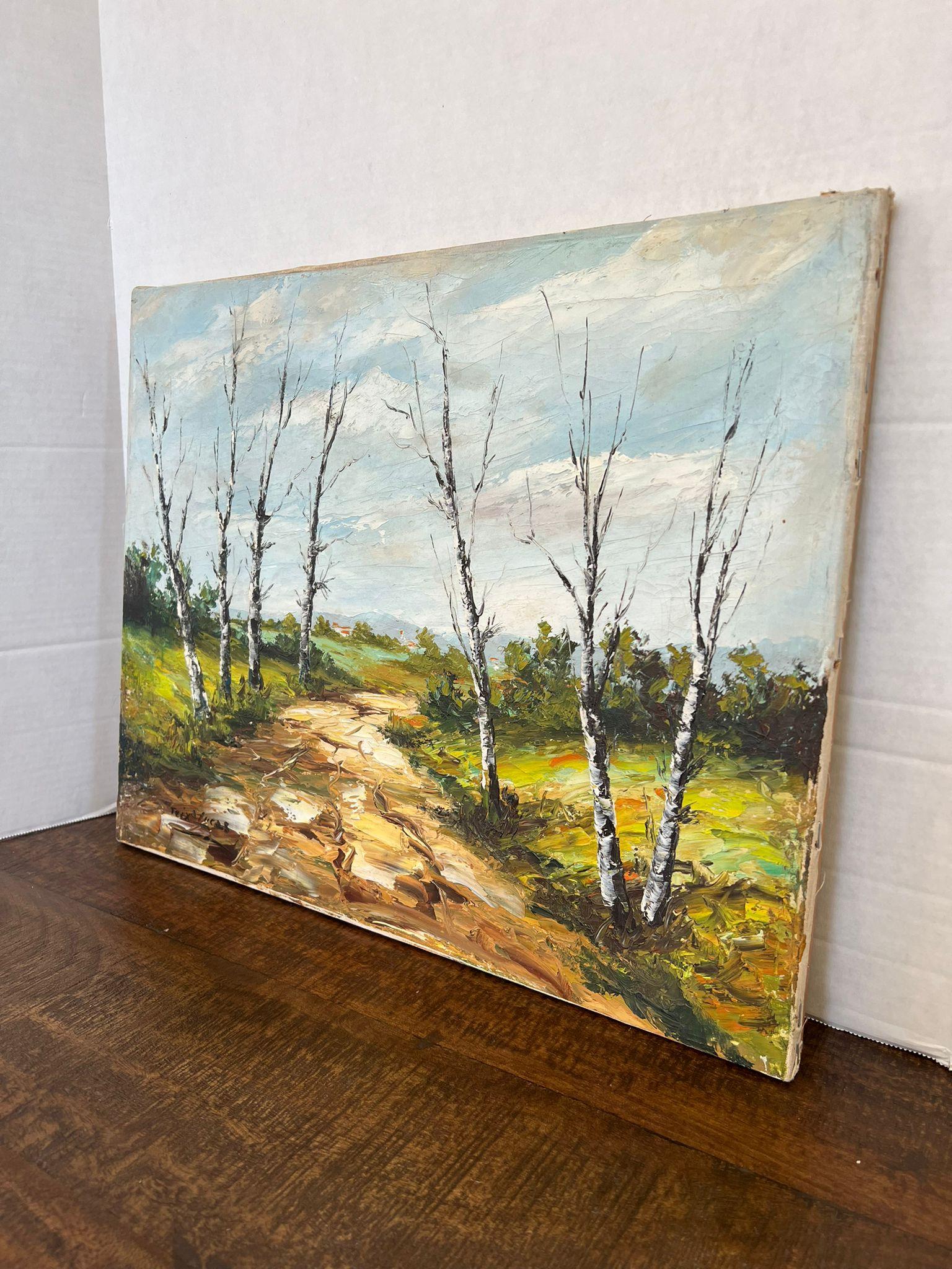 Vintage Mid Century Modern Firmado Bosque Escénico Pintura de la Naturaleza sobre Lienzo. Moderno de mediados de siglo en venta