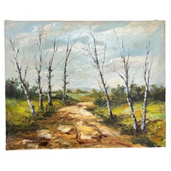 Vintage Mid Century Modern Signed Scenic Forest Nature Painting on Canvas.