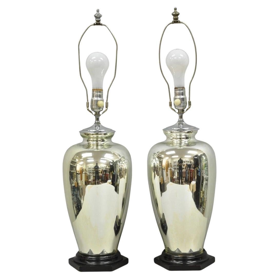 Vintage Mid Century Modern Silver Mercury Glass Jardiniere Vase Table Lamps Pair