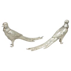 Vintage Mid Century Modern Silver Plated Pheasant Peacock Bird Figurines - Pair