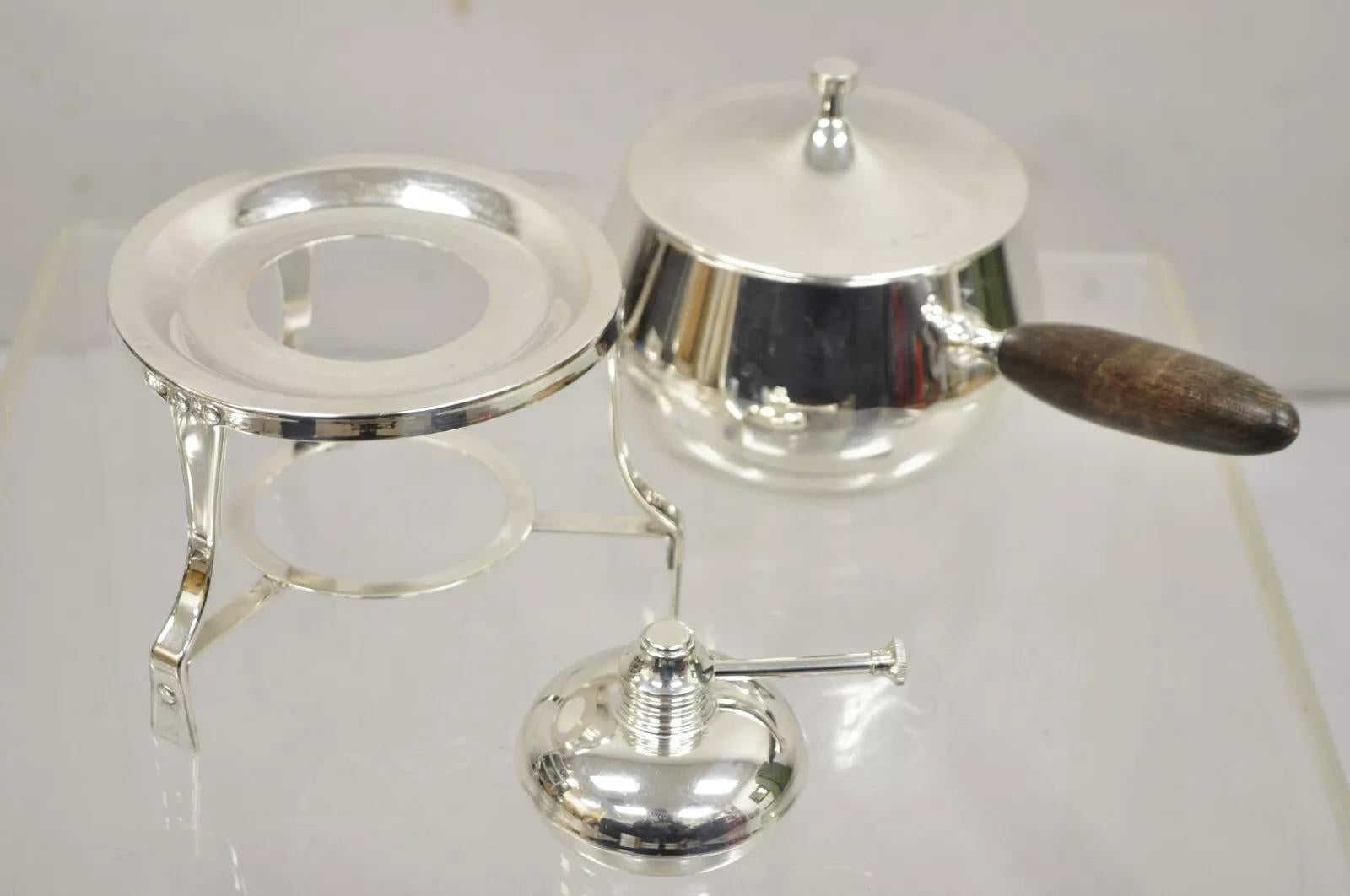Set Calentador de Fondue de Acero Plateado Vintage Mid Century Modern Moderno de mediados de siglo en venta