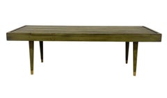 Vintage Mid Century Modern Slatted Wood Bench with Tapered Legs.