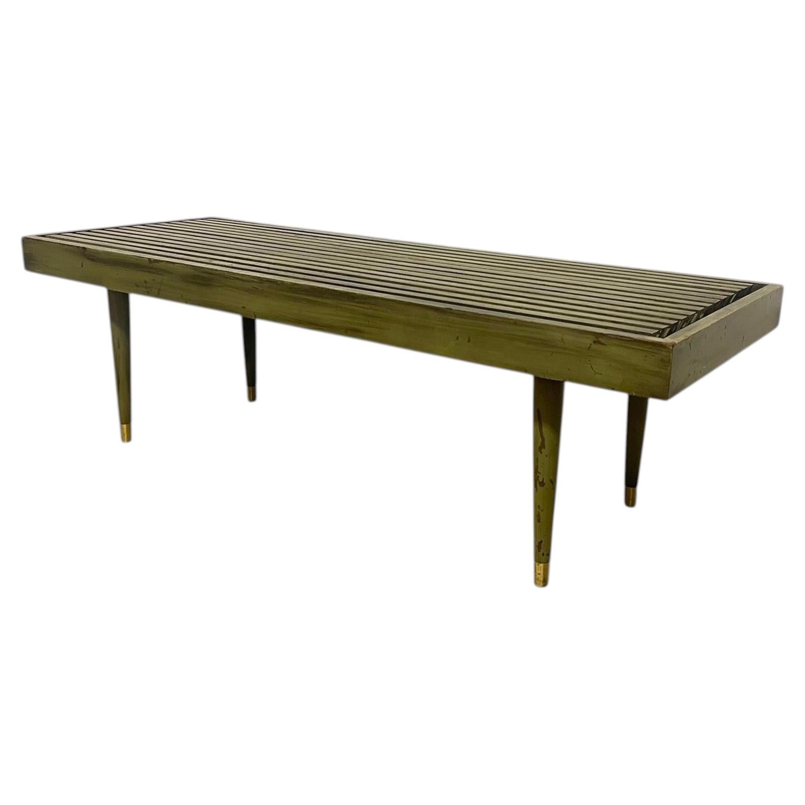 Vintage Mid Century Modern Slatted Wood Bench with Tapered Legs.