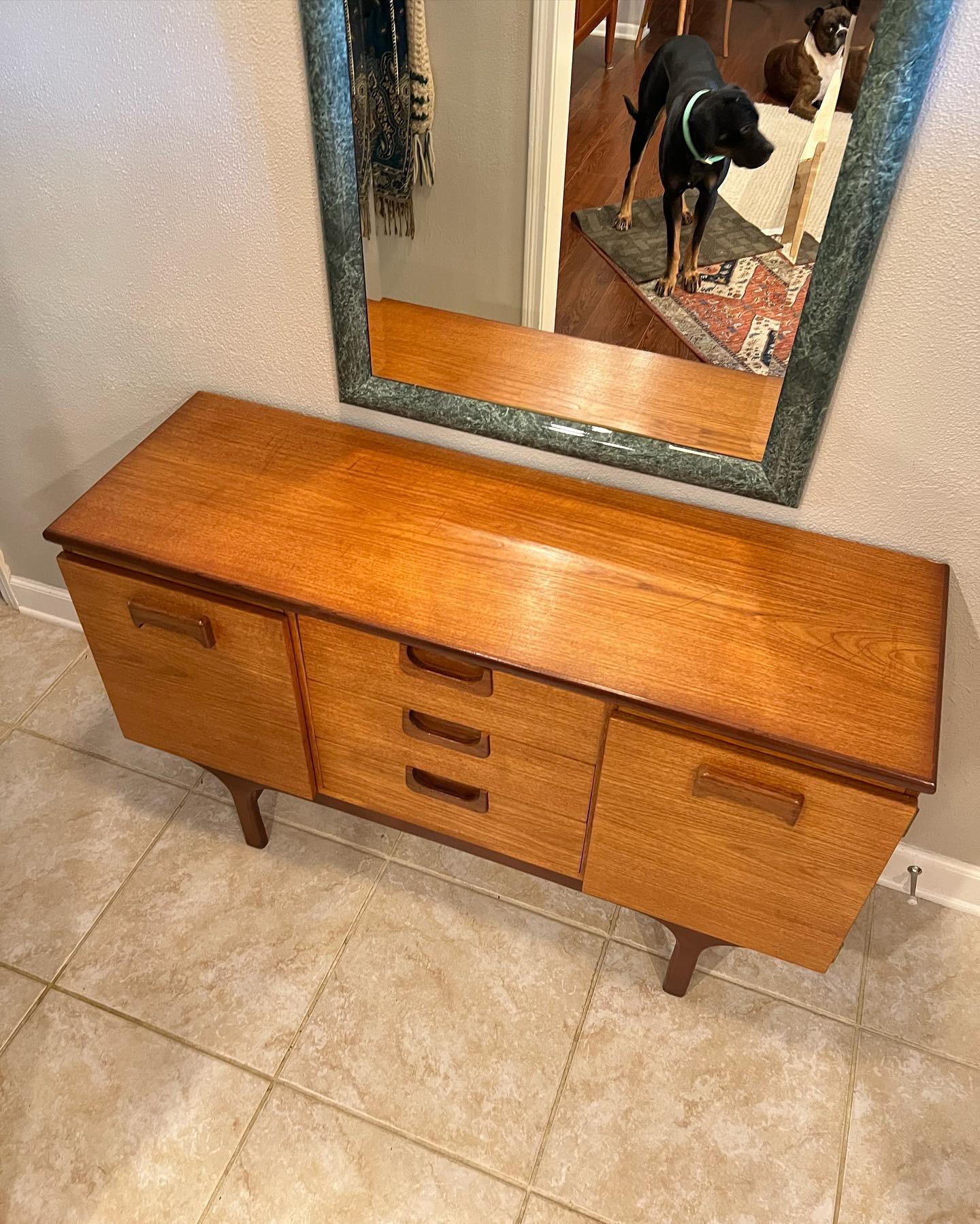 Small Mid-Century Modern teak sideboard by G-Plan, from the 1960s. This is the most petite sideboard I’ve had and I’m absolutely obsessed. Currently using it as a console table, but I can also see it being used in a small living space or dining