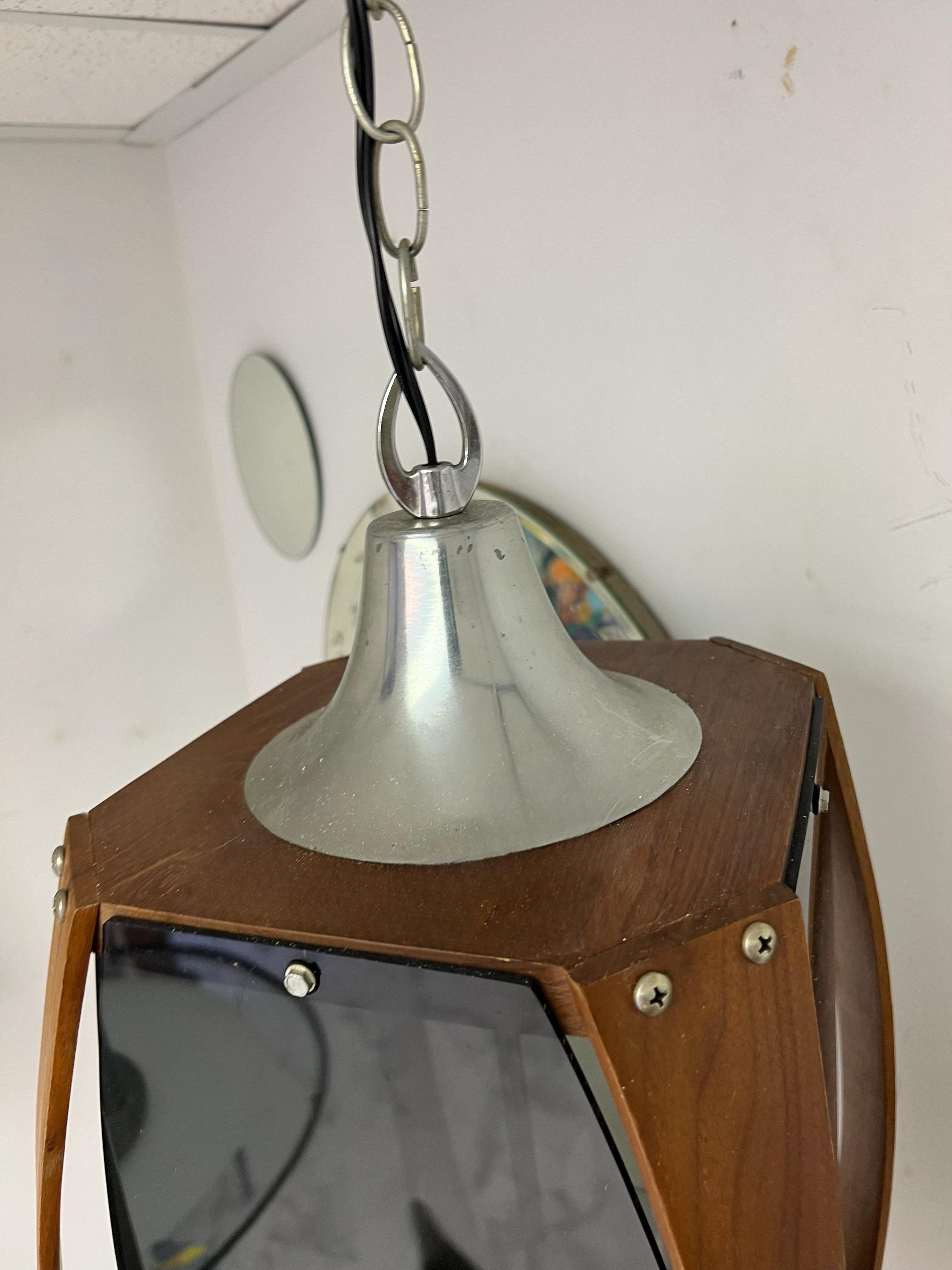 Bentwood Vintage Mid-Century Modern Smoked Acrylic, Walnut and Chrome Pendant Light For Sale