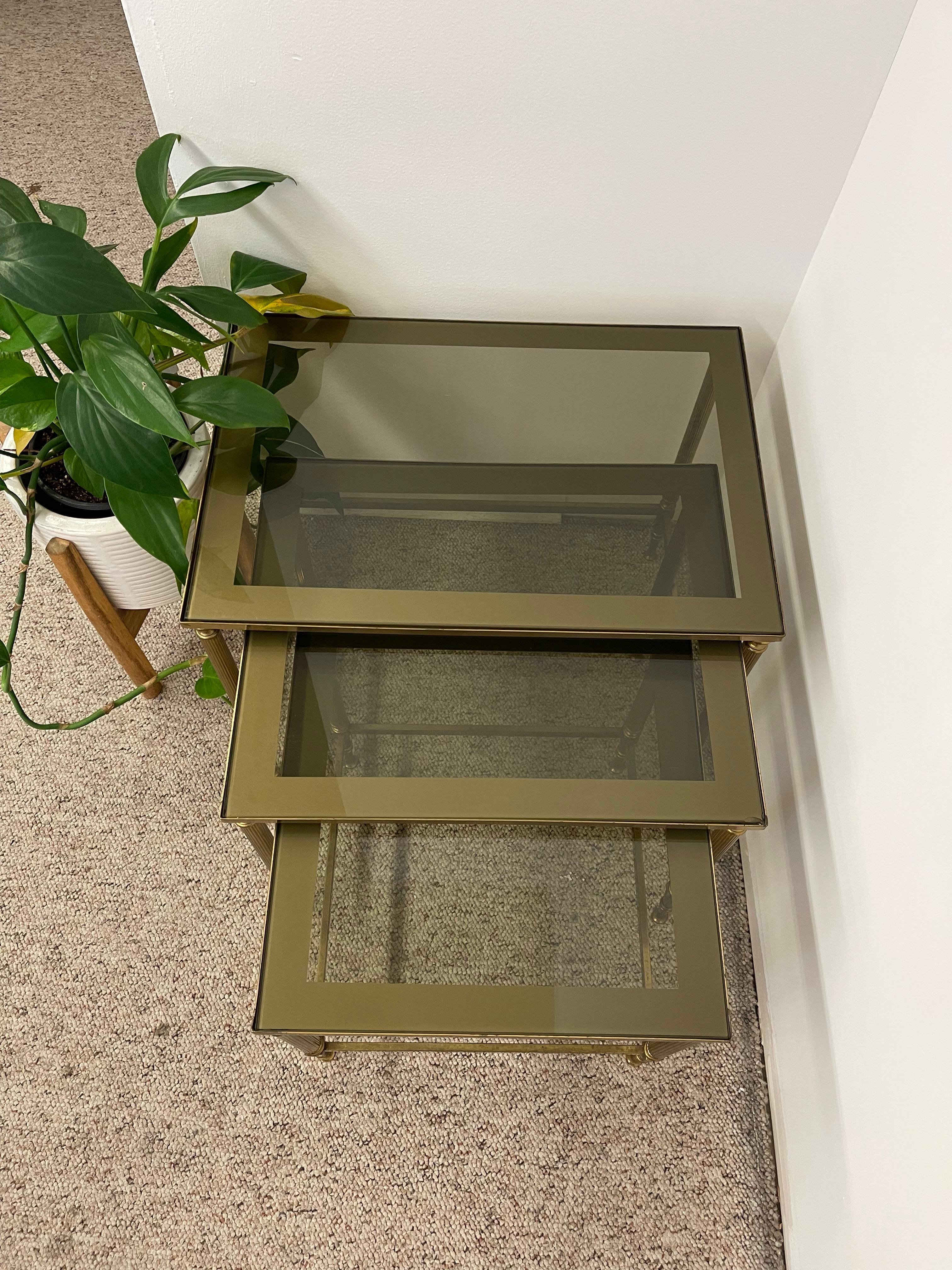 Metal Vintage Mid-Century Modern Smoked Glass Nesting Tables, Set of Three For Sale