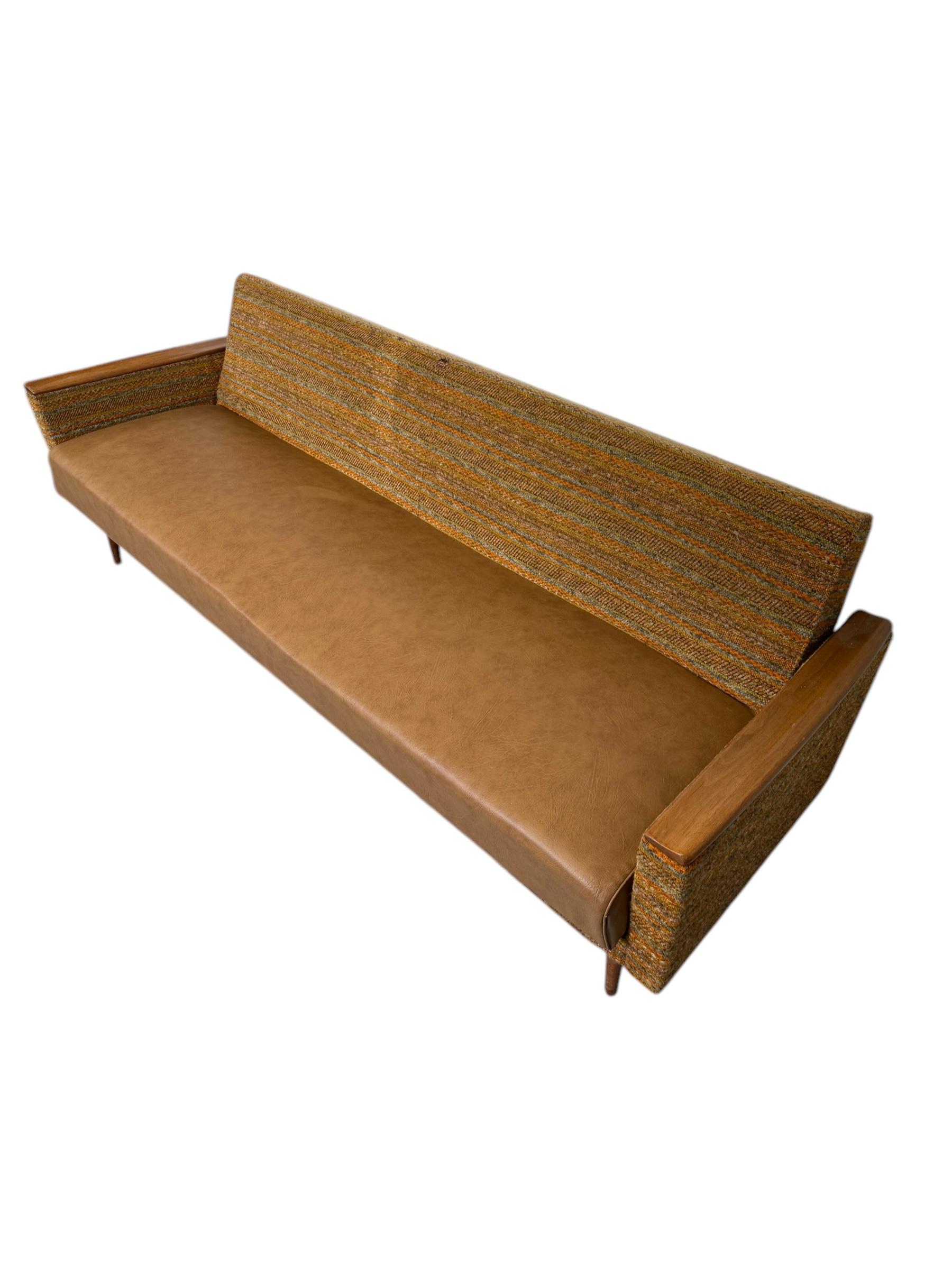 Vintage Mid Century Modern Sofa with Fabric and Vinyl Upholstery German Import In Good Condition For Sale In Seattle, WA