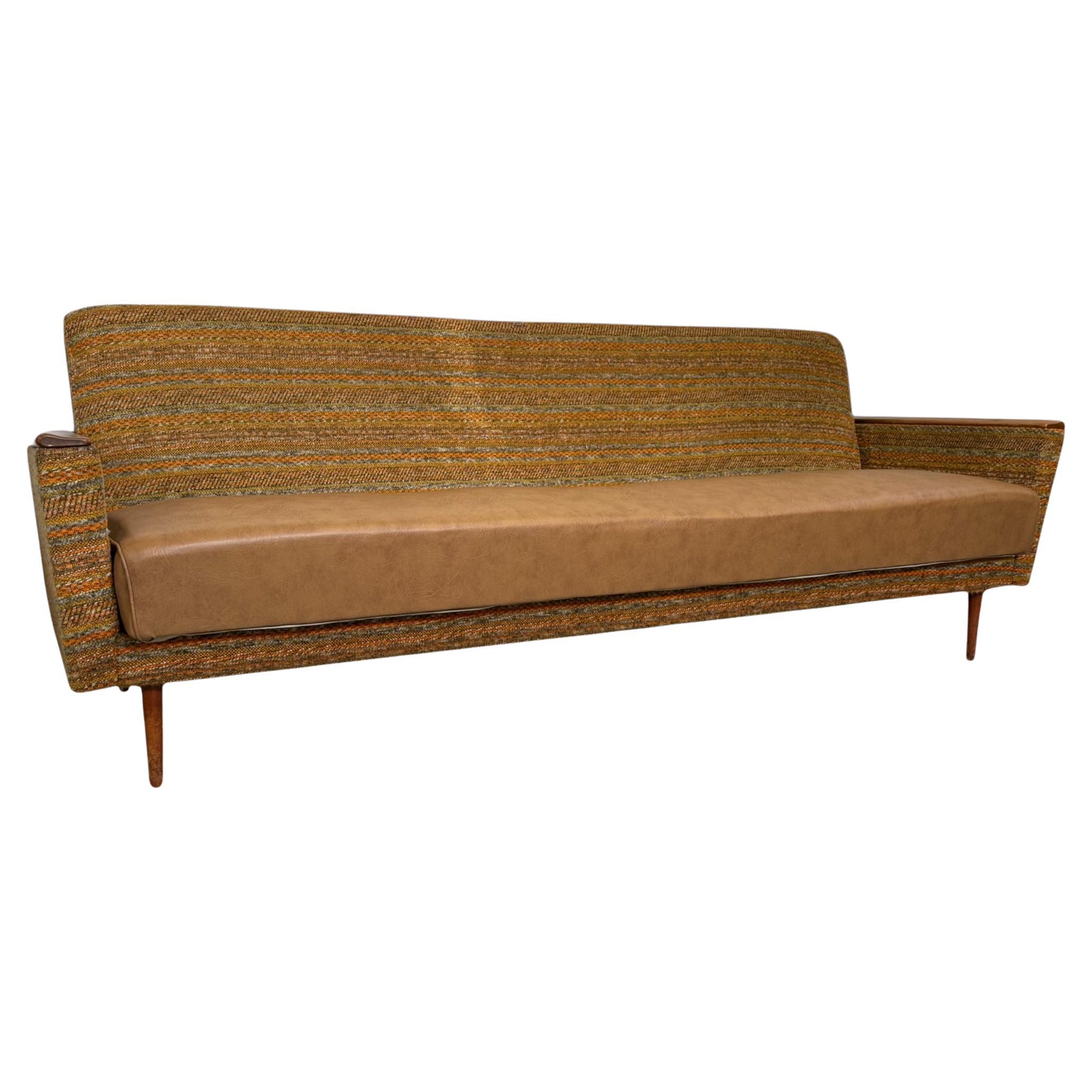 Vintage Mid Century Modern Sofa with Fabric and Vinyl Upholstery German Import For Sale