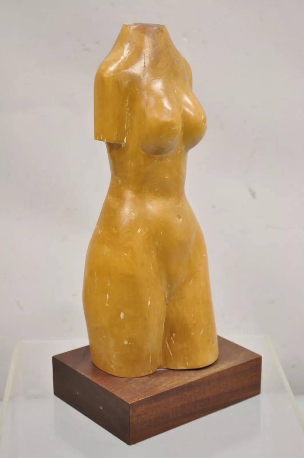 Vintage Mid Century Modern Solid Carved Wood Nude Female Torso Sculpture on Walnut Pedestal Base. Circa Mid 20th Century. Measurements: 20