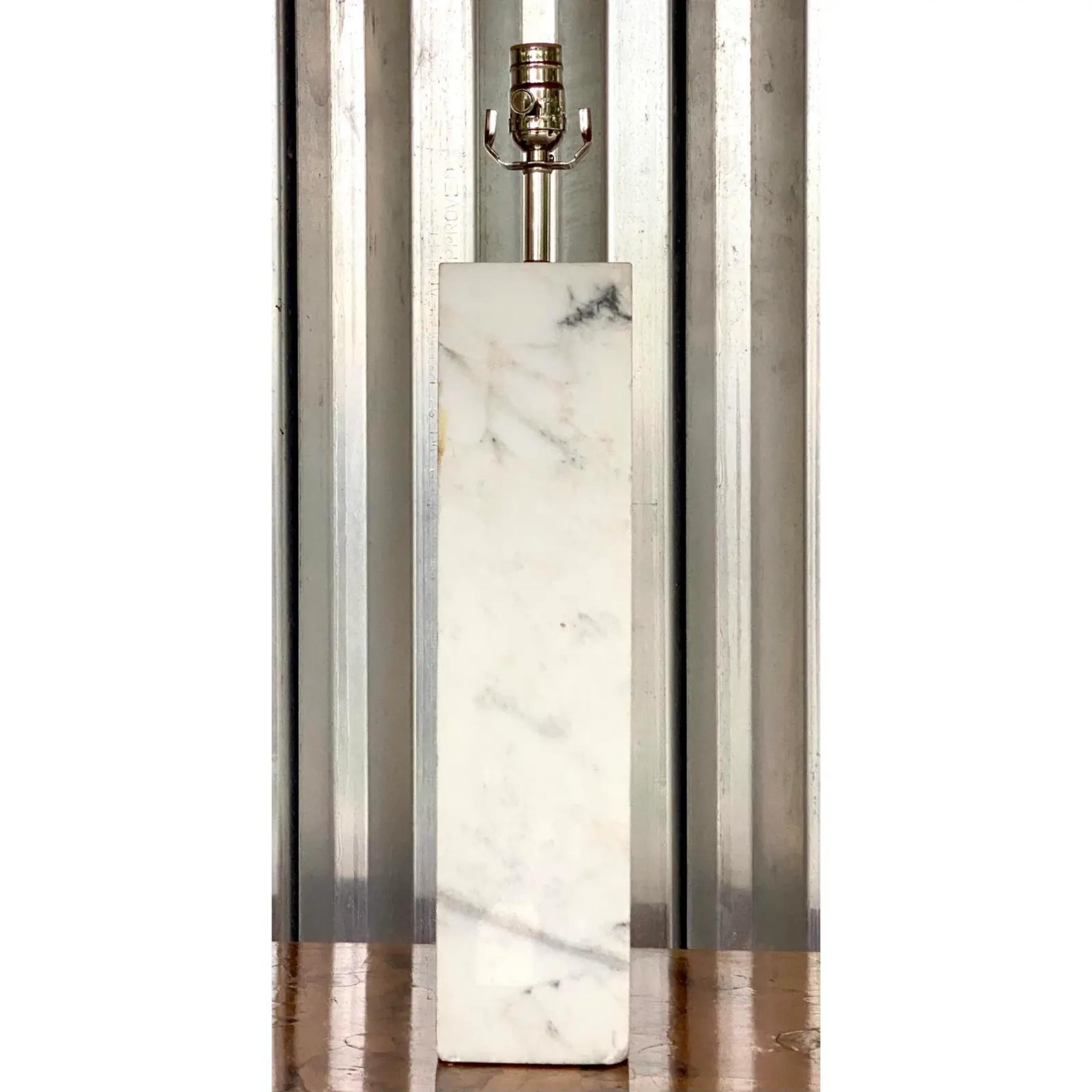Fantastic vintage MCM marble block lamp. Tall and painfully chic. Totally restored with all new wiring and polished chrome hardware. Acquired from a Palm Beach estate