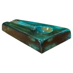 Vintage Mid-Century Modern Solid Teal Art Glass Cigar Ashtray
