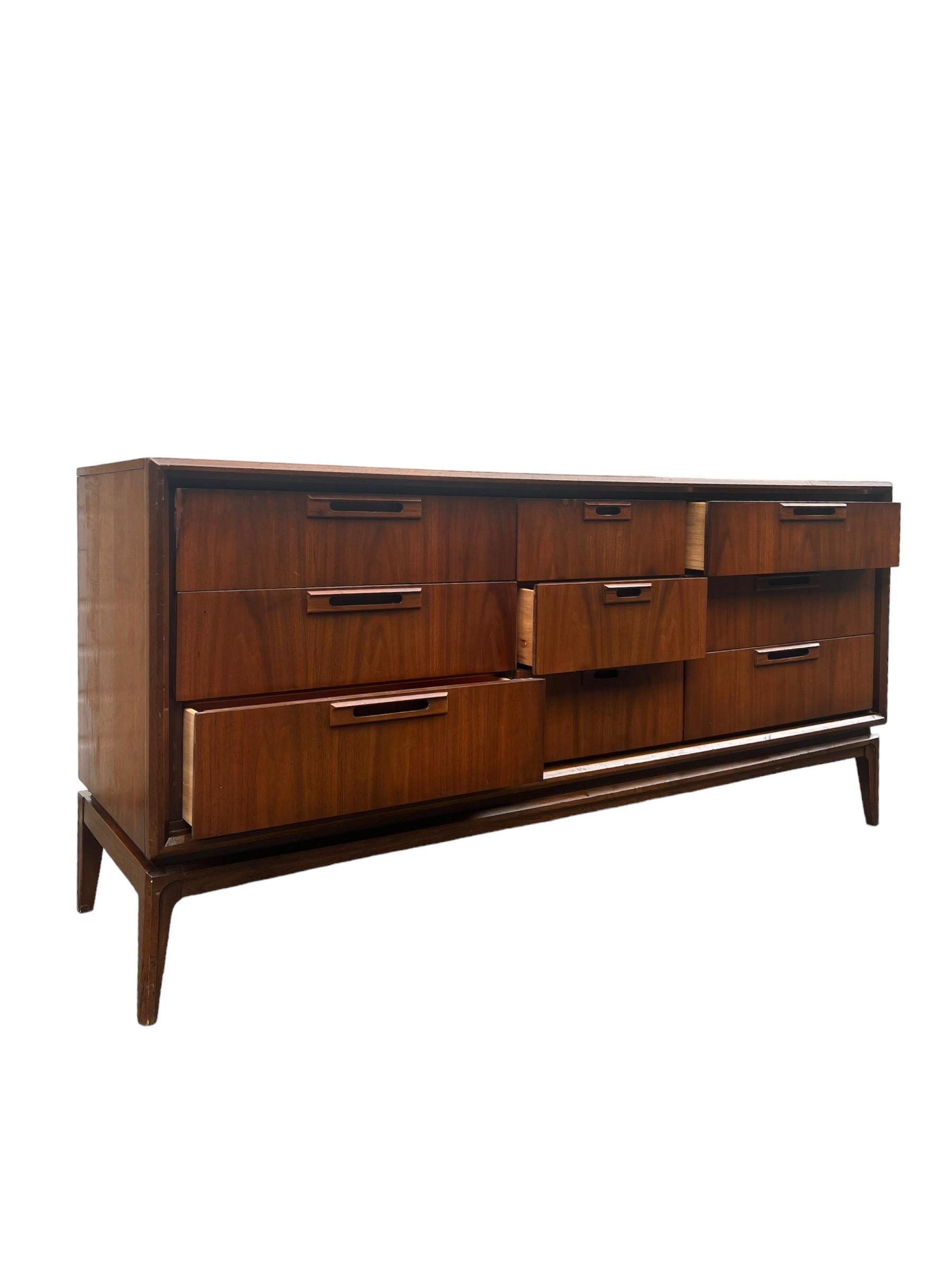 Mid-Century Modern Vintage Mid Century Modern Solid Walnut 9 Drawer Dresser by Stanley For Sale