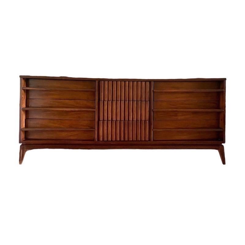 Vintage MidCentury Modern Solid Walnut 9 Drawer Lowboy Dresser For