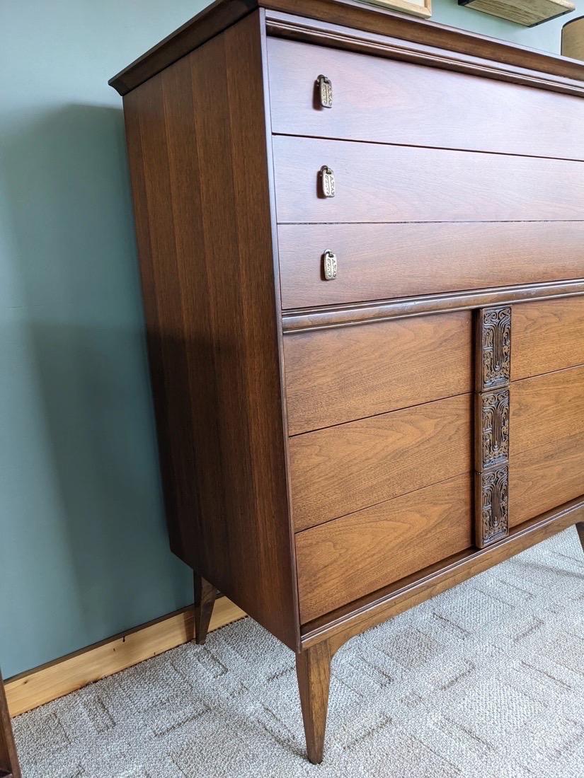 Vintage Mid-Century Modern solid walnut dresser cabinet storage drawers. 
Dimensions. 40 W ; 45 H ; 19 D