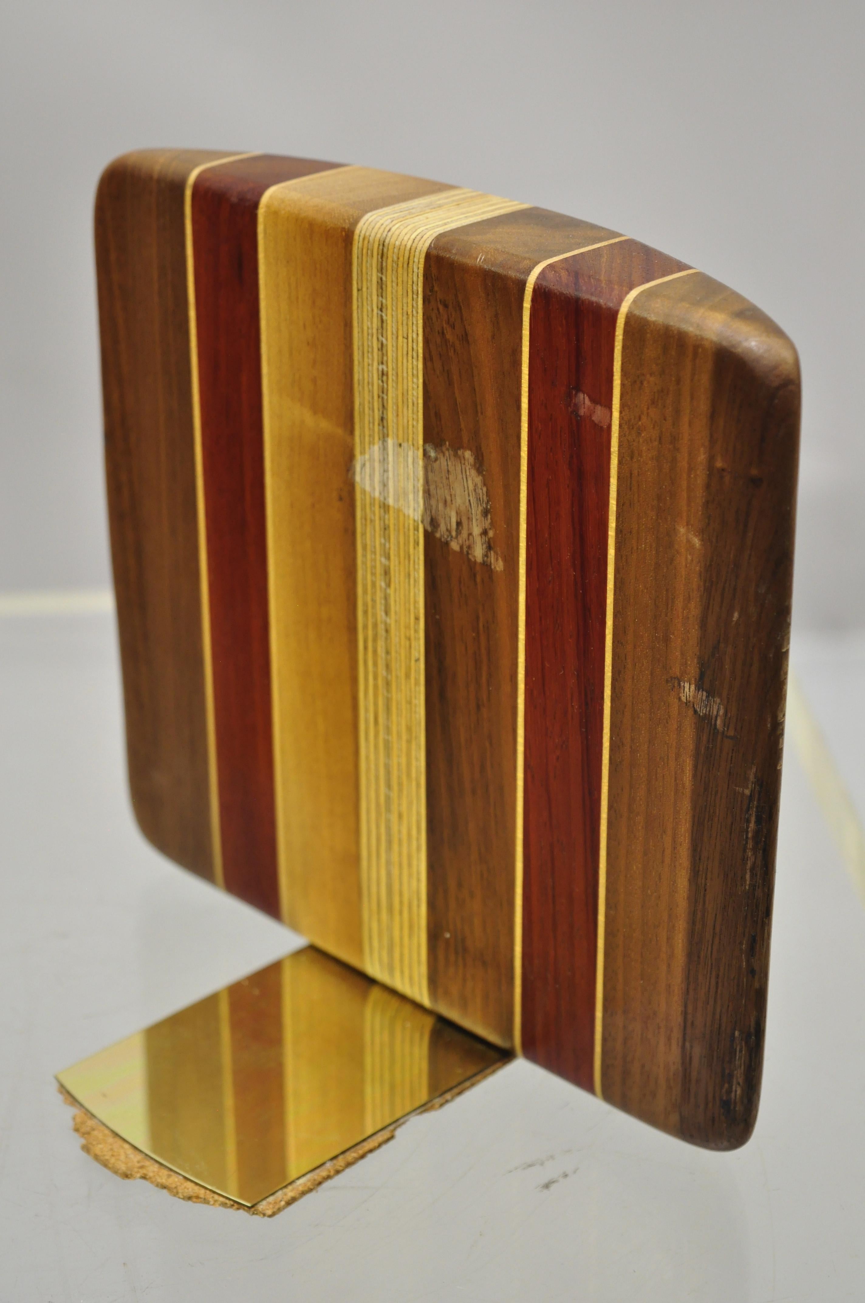 Brass Vintage Mid-Century Modern Solid Wood with Inlay Curved Bookends, a Pair For Sale
