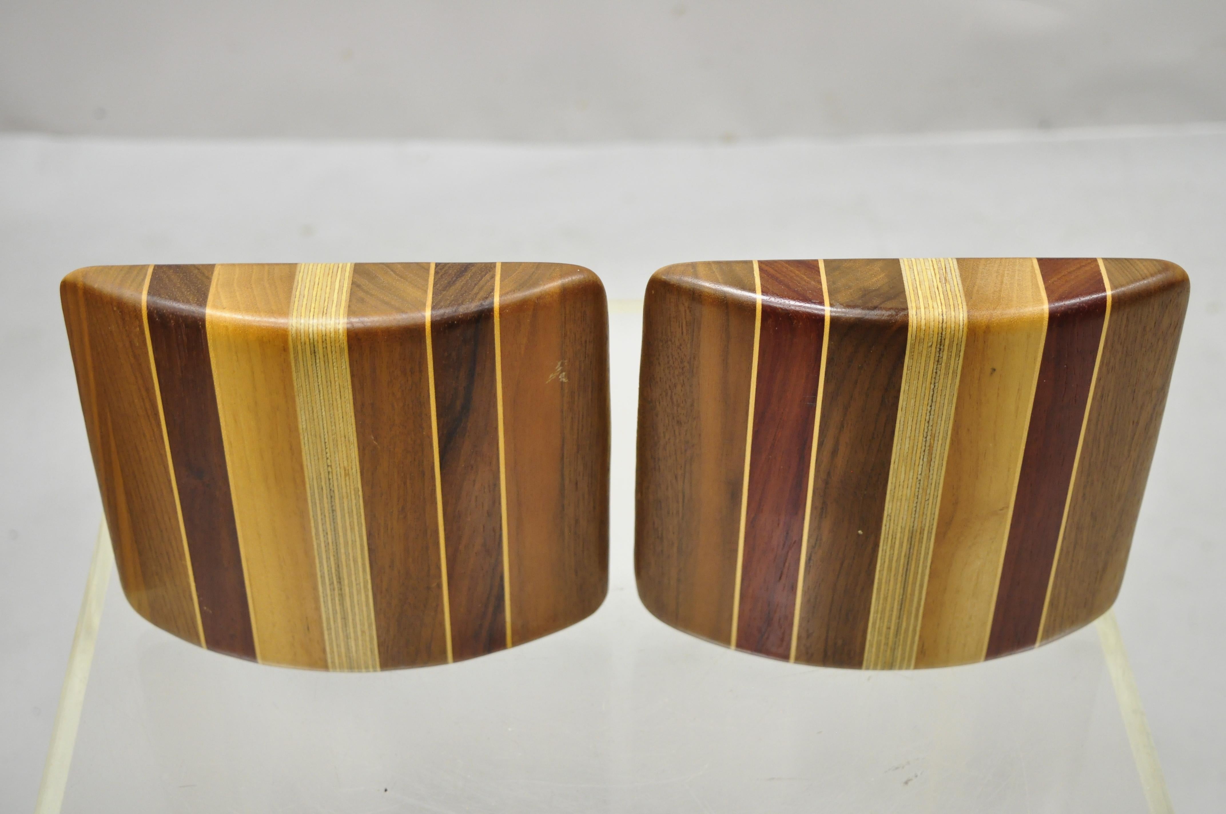 Vintage Mid-Century Modern Solid Wood with Inlay Curved Bookends, a Pair 1