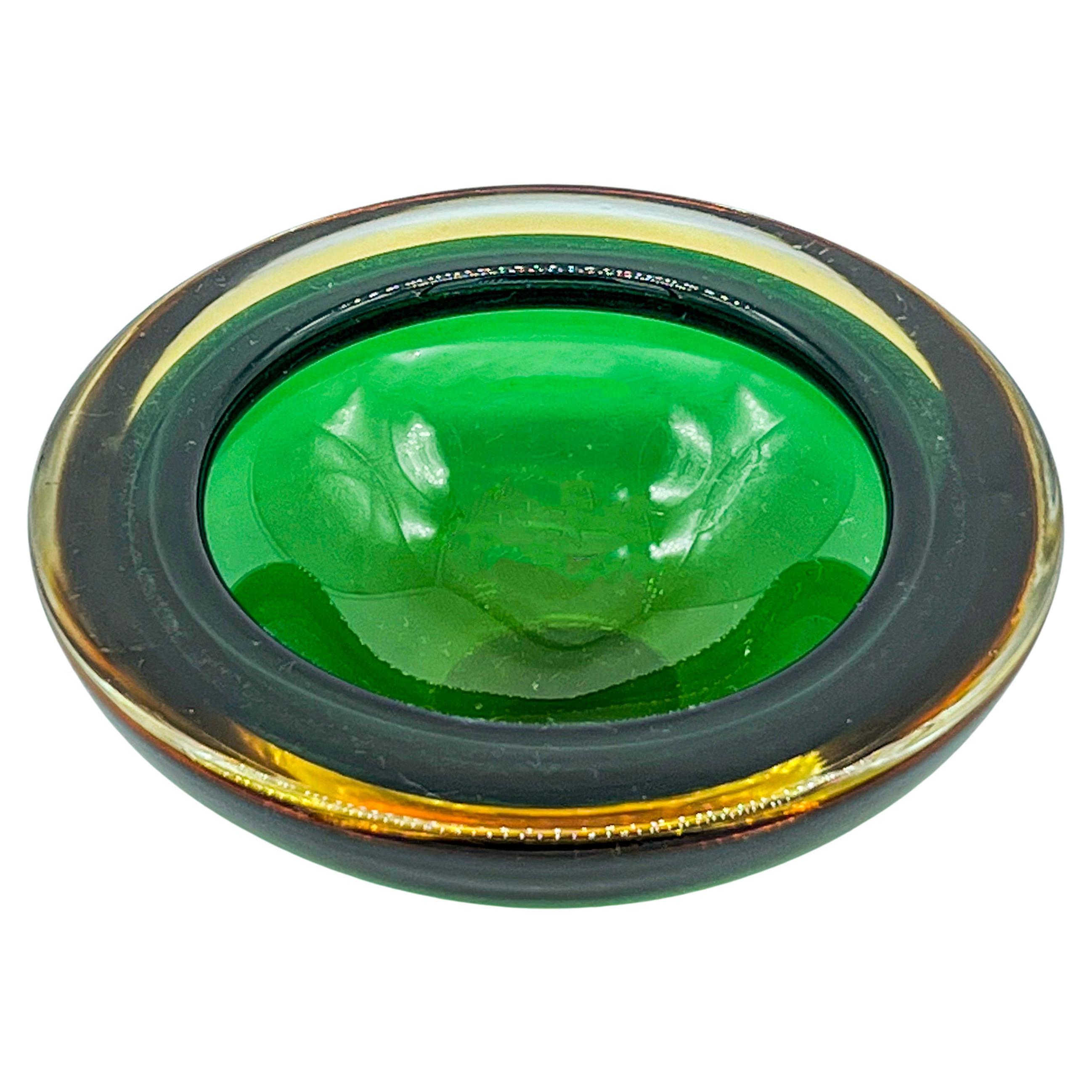 Vintage Mid-Century Modern "Sommerso" Bowl in Green and Yellow Murano Glass