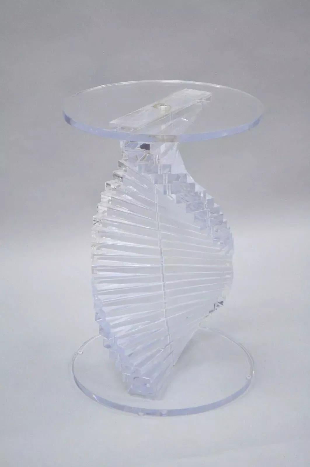 Vintage Mid Century Modern Spiral Stacked Helix Lucite Sculptural Pedestal Side Table. Item features heavy solid clear lucite construction, great sculptural form, true vintage item. *Chrome bolt head is not flush to the top surface and is slightly