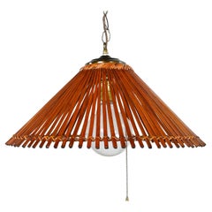 Vintage Mid-Century Modern Split Rattan Conical Hanging Swag Light Antiqued Bras