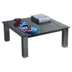 Minimal Mid Century Modern Square Coffee Table in Metal and Smoked Glass