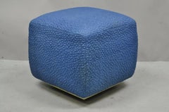 Vintage Mid Century Modern Square Pouf Ottoman Blue Stitched Fabric on Casters