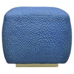 Vintage Mid Century Modern Square Pouf Ottoman Blue Stitched Fabric on Casters