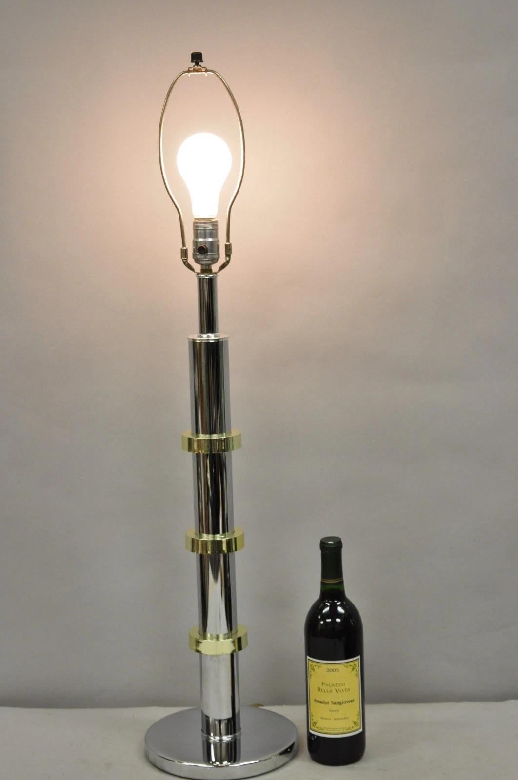 Vintage Mid Century Modern Stacked Chrome & Brass Plated Metal Cylinder Column Table Lamp. Circa Late 20th Century. Measurements: 35.5