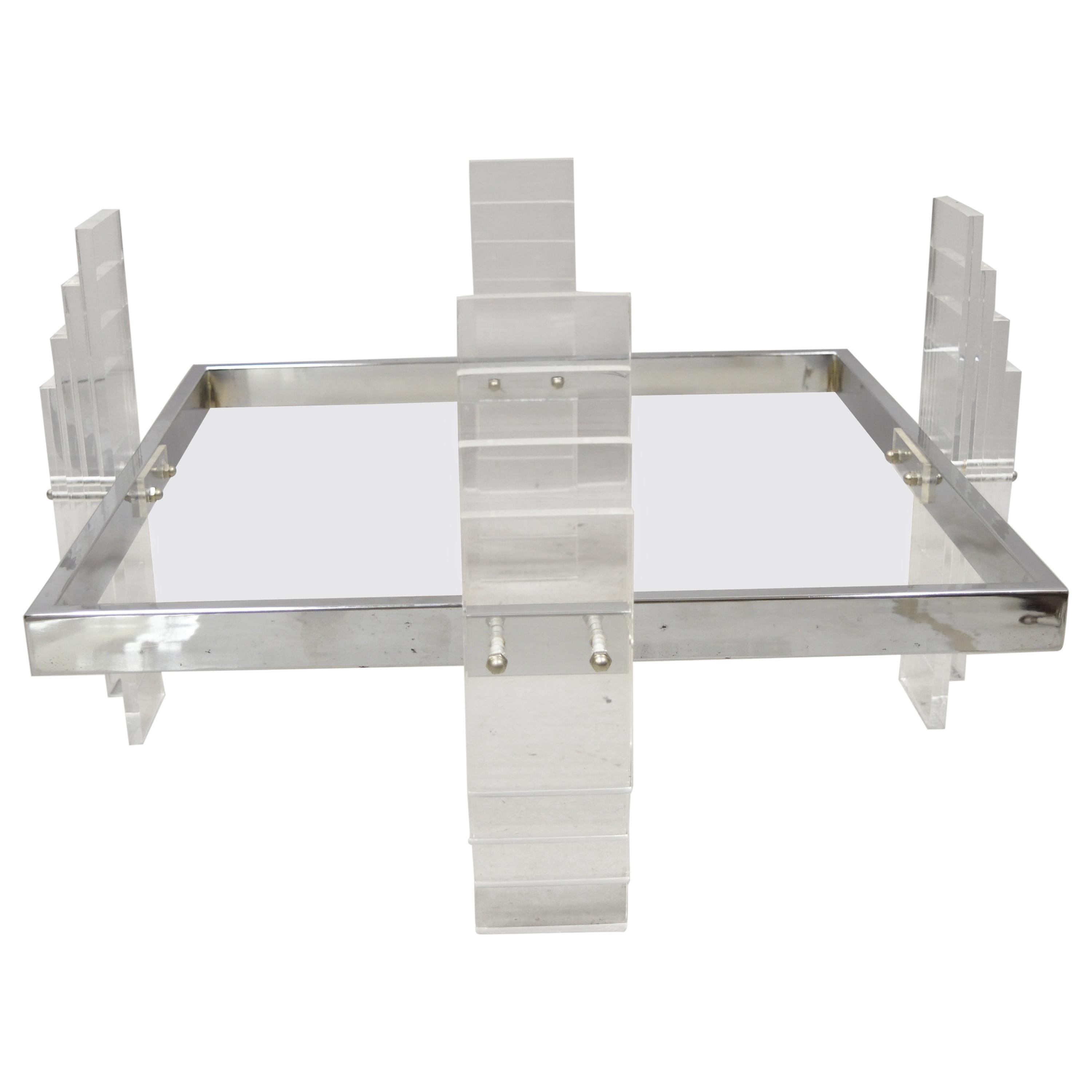 Base de table basse carrée empilée en chrome avec cadre en lucite, style moderne du milieu du siècle dernier en vente