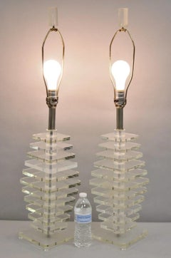 Vintage Mid Century Modern Stacked Lucite Skyscraper Table Lamps - a Pair