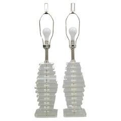 Vintage Mid Century Modern Stacked Lucite Skyscraper Table Lamps - a Pair
