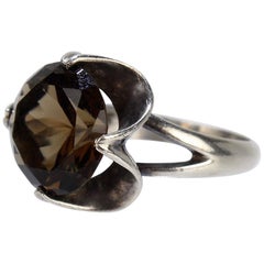 Vintage Mid-Century Modern Sterling Silver and Smoky Quartz Cocktail Ring