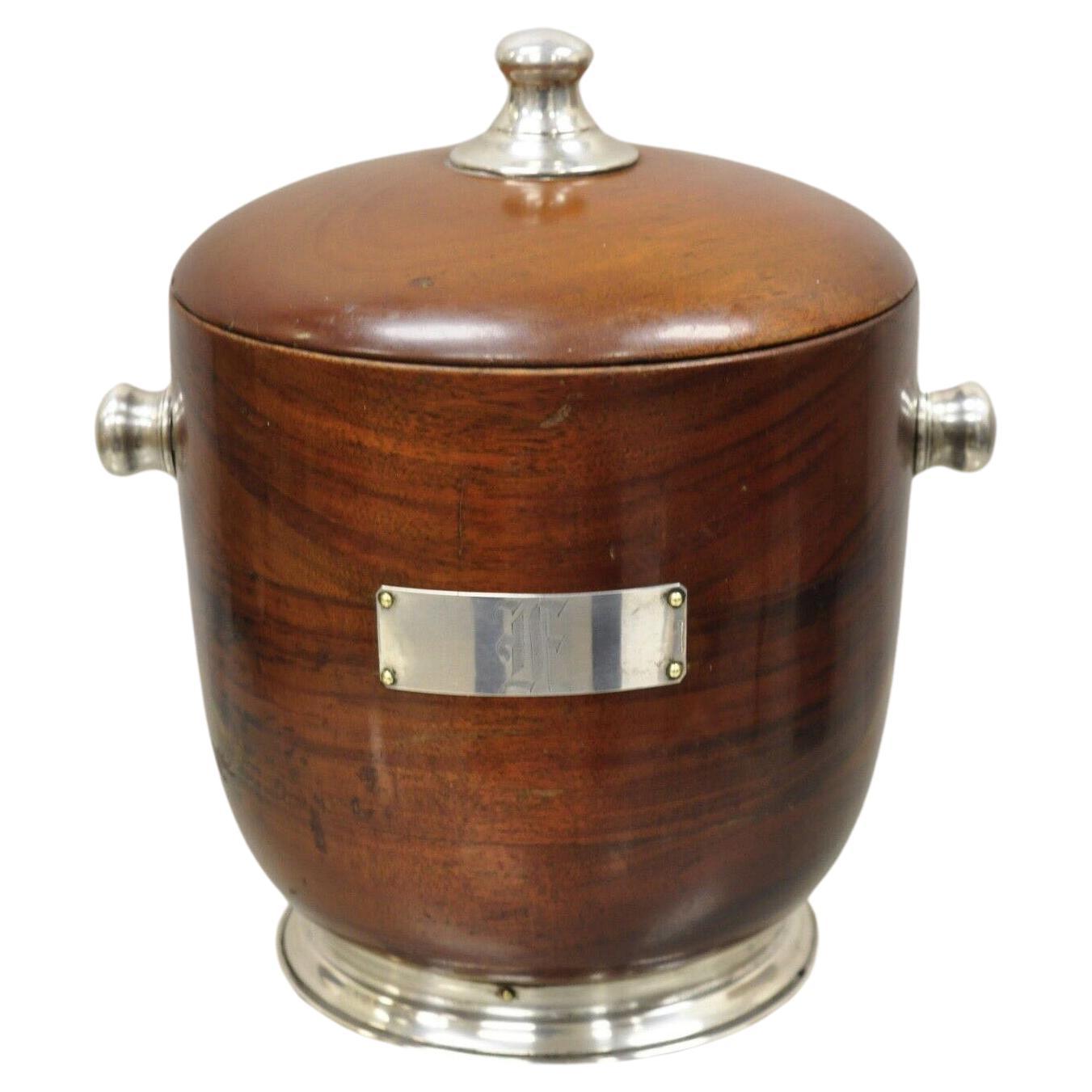 Vintage Mid-Century Modern Sterling Silver and Turned Carved Mahogany Ice Bucket