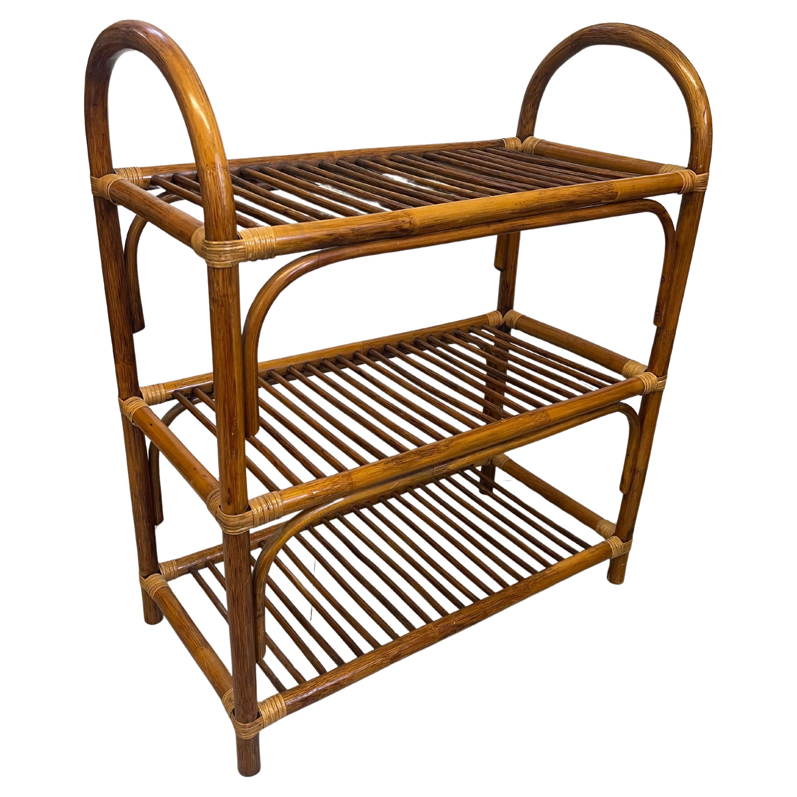 Vintage Mid Century Modern Style 1970s Three Tier Bamboo Rattan Shelf Storage.