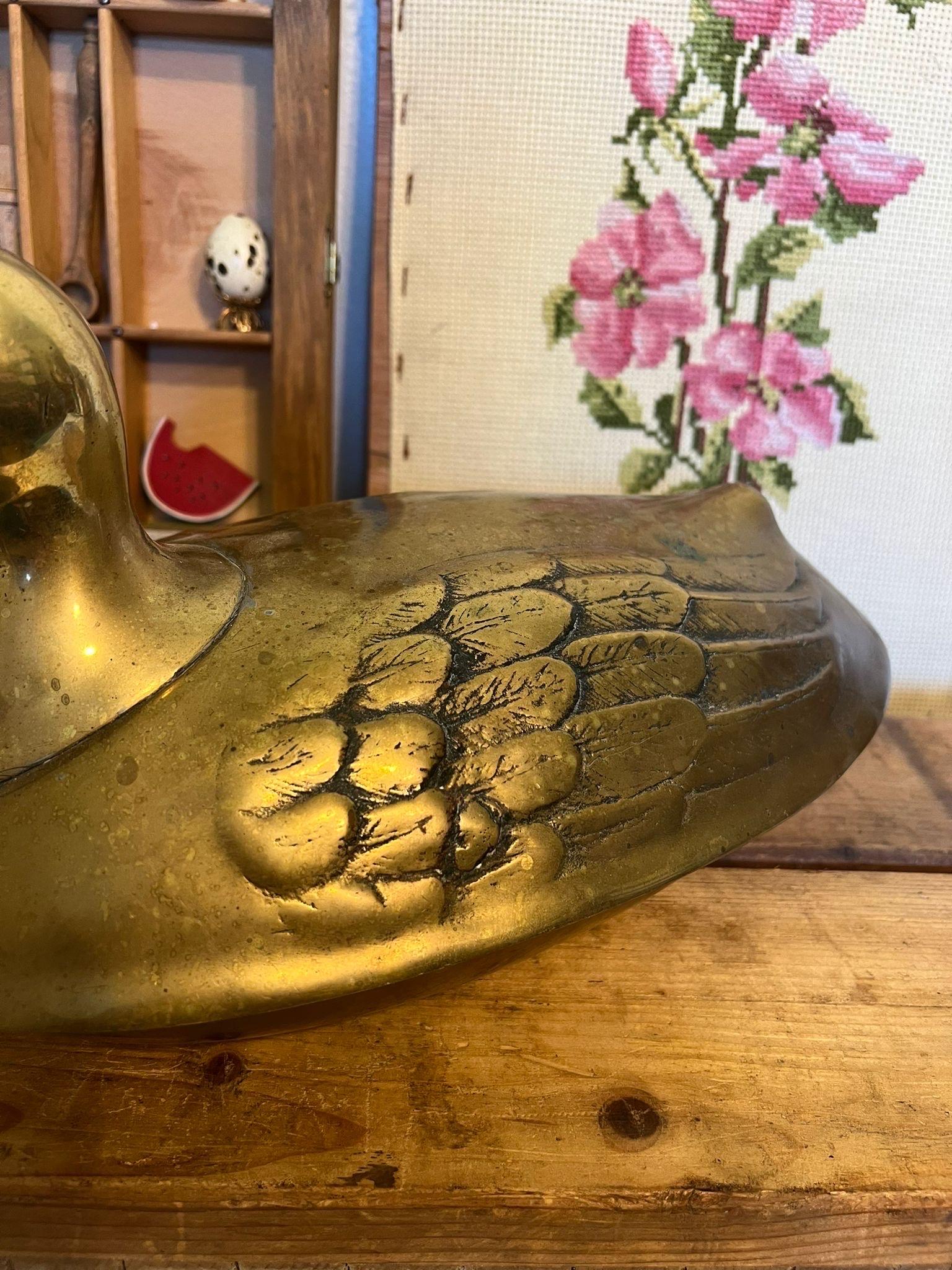 vintage mid century modern style brass duck with lid and bowl In Good Condition For Sale In Seattle, WA