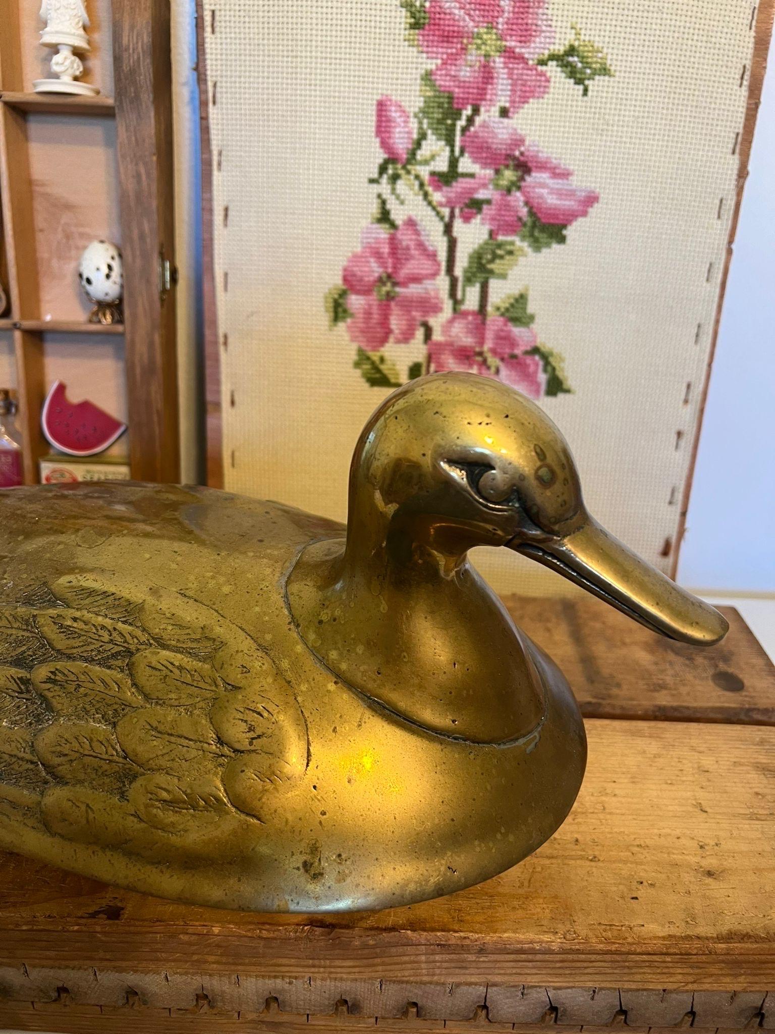Brass vintage mid century modern style brass duck with lid and bowl For Sale