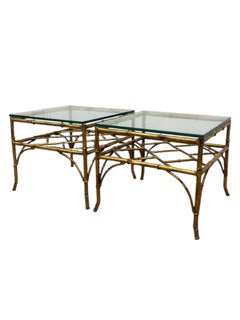 Vintage Mid Century Modern Style Faux Bamboo Gold Color Side End Table Set