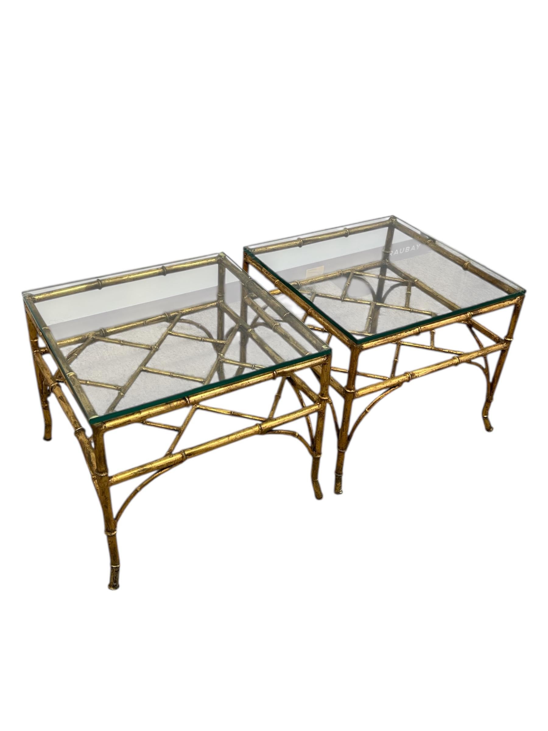 Vintage Mid Century Modern Style Faux Bamboo Gold Color Side End Table Set