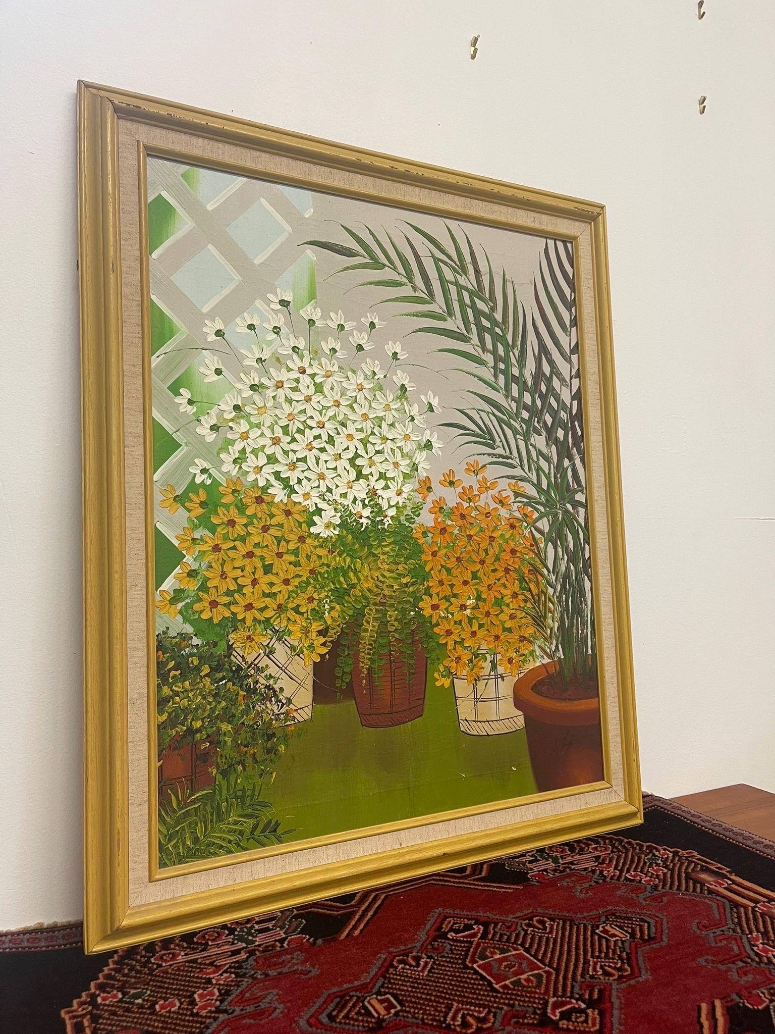 Vintage Painting of Daisies and Other Varieties of Plants. Looks to be of the Mid century Modern Period. Signed in the Corner as Pictured.Slight Cracking on the Paint. Vintage Condition Consistent with Age as Pictured.

Dimensions. 27 W ; 3/4 D ; 33