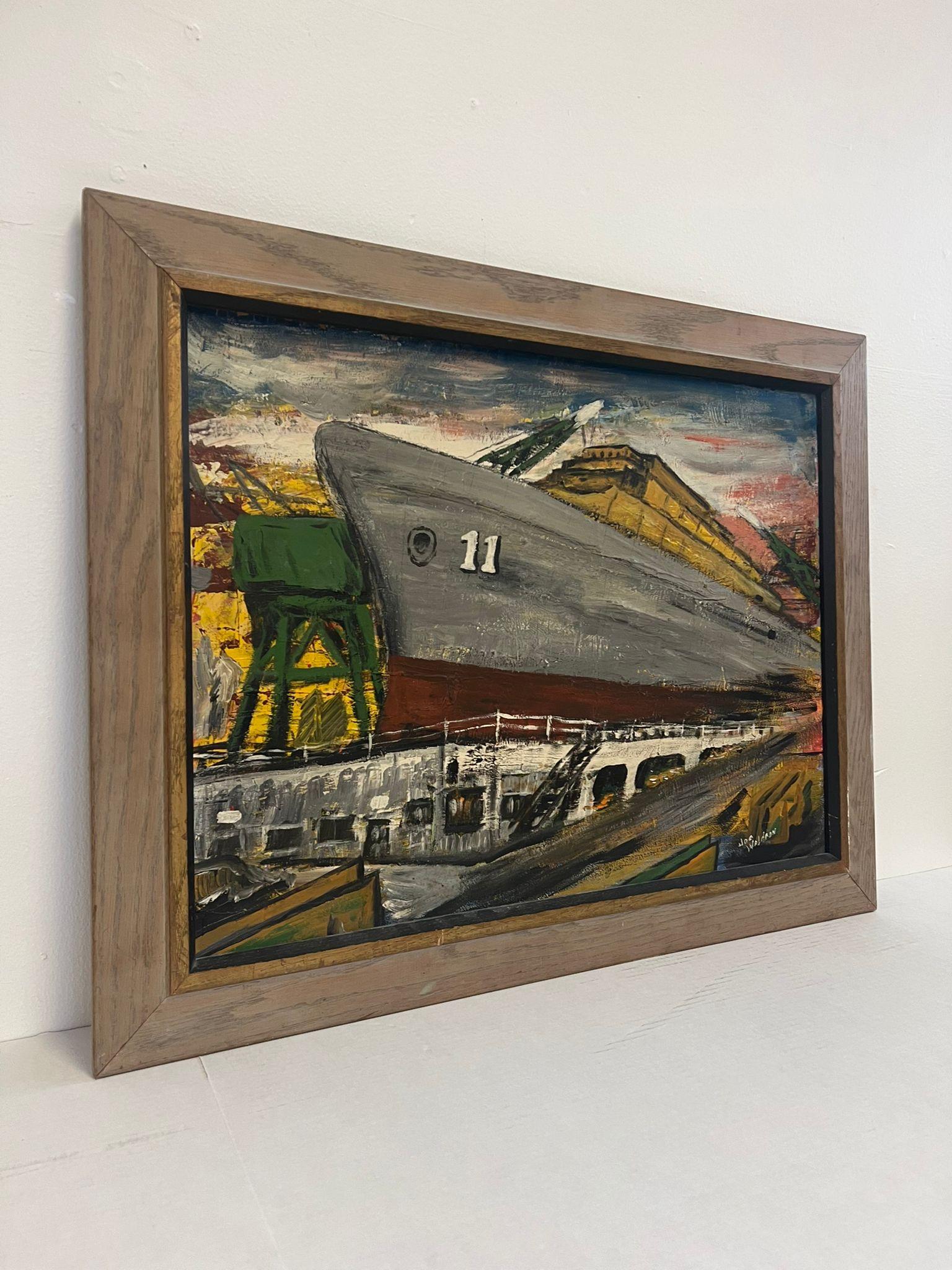 This Vintage original framed painting is mid Century Modern in style and depicts a Boat Yard. This Piece has nice patina and character. Vintage Condition as pictured. Listing is for described item only.

Dimensions. 28.5”W ; 0.50”D ; 22.5”H