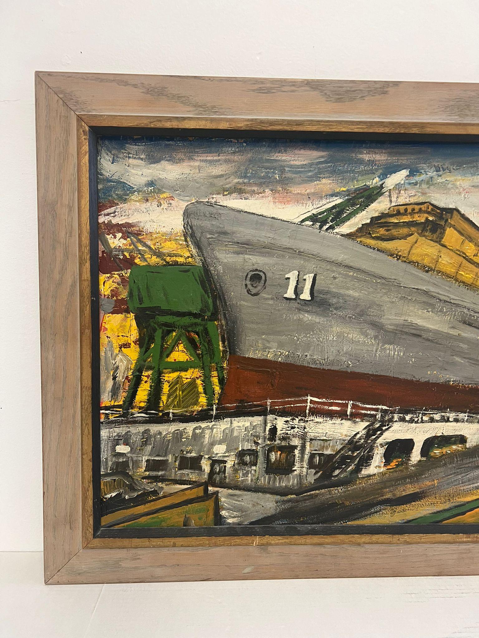 Vintage Mid Century Modern Style original Boat Yard painting. In Good Condition For Sale In Seattle, WA