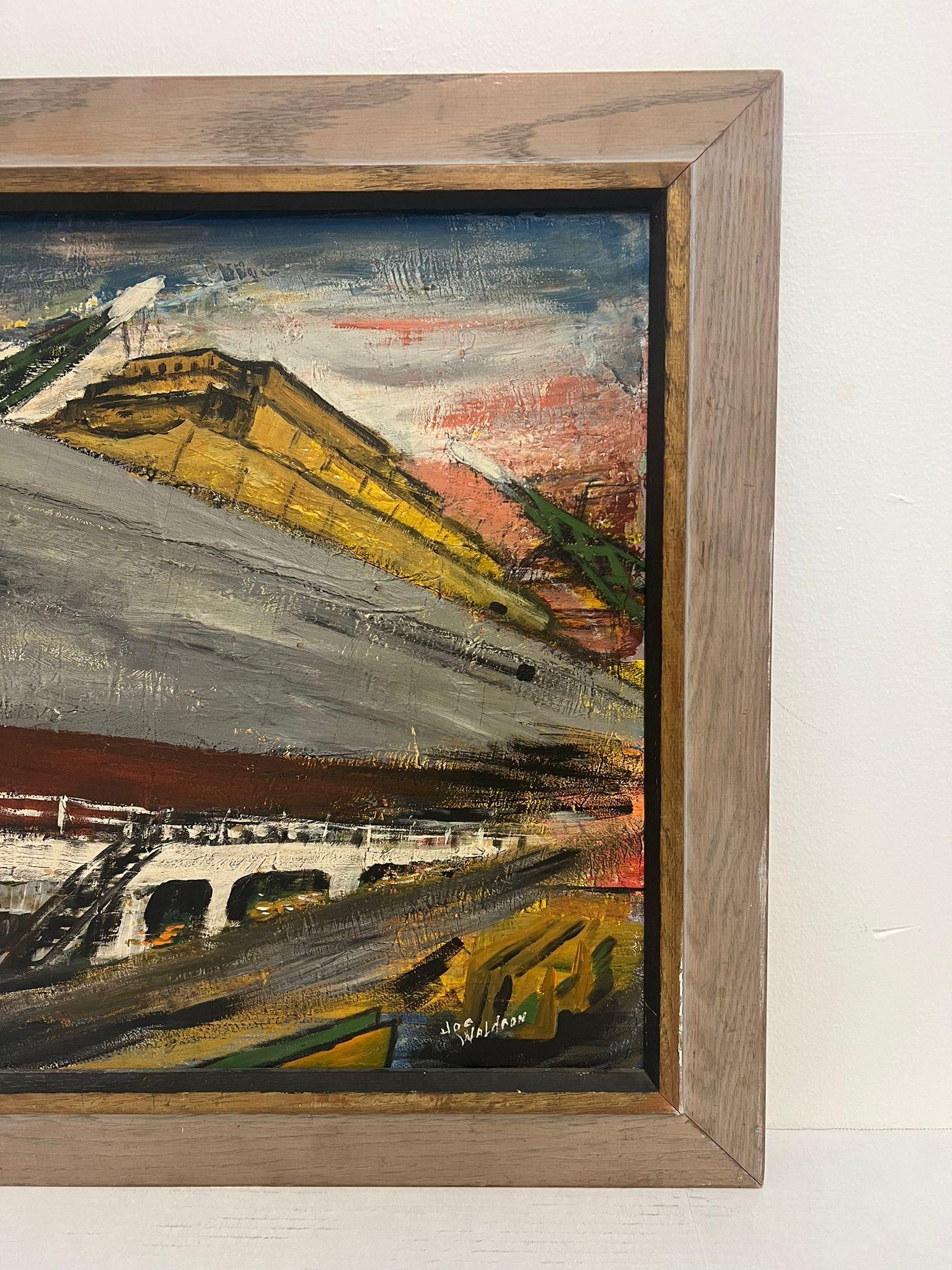 Late 20th Century Vintage Mid Century Modern Style original Boat Yard painting. For Sale