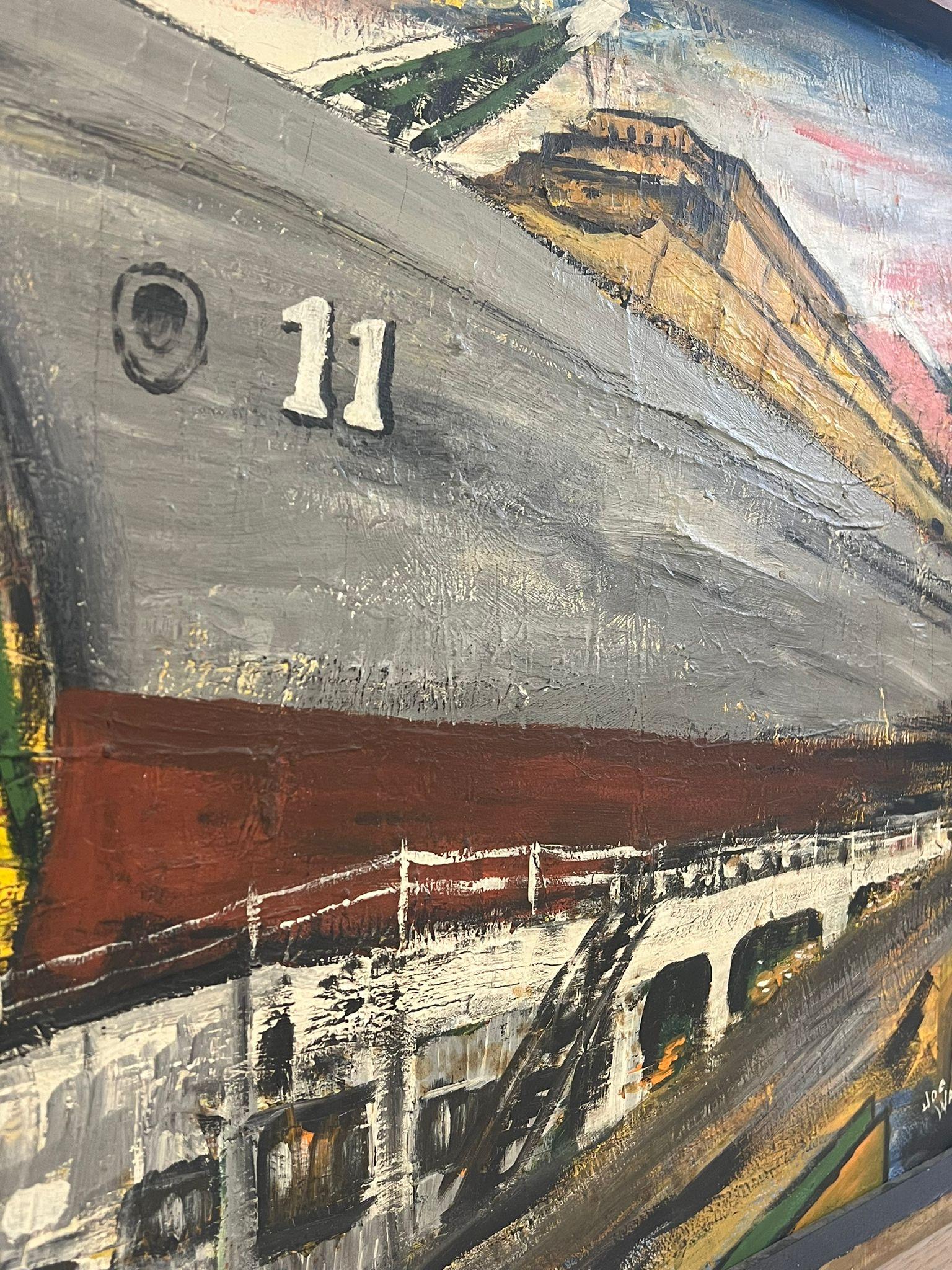Wood Vintage Mid Century Modern Style original Boat Yard painting. For Sale